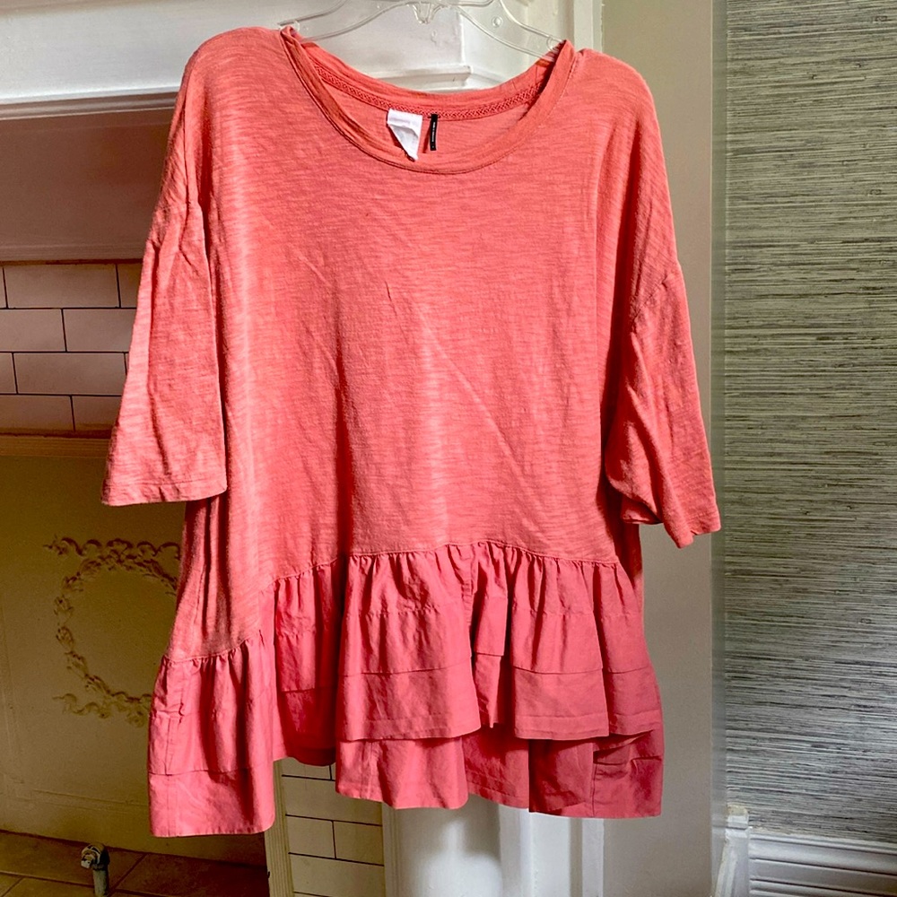 Akemi + Kin S Cascade Peplum Top Pink Short Sleeve Tiered Scoop Ruffle Hem